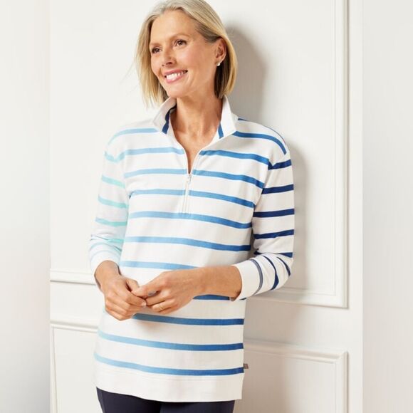 T By Talbots 3/4 Sleeve 1/2 Zip Pullover Plus Size Top In Tropic Stripe Size 3X - Picture 1 of 10